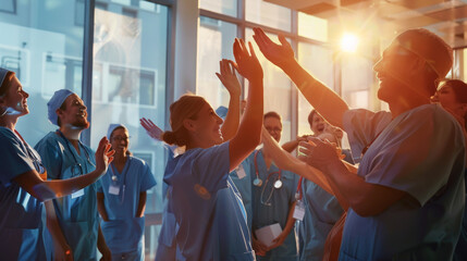 Healthcare workers, clad in blue scrubs, engage in an energizing, celebratory exchange of high-fives in a well-lit hospital setting.
