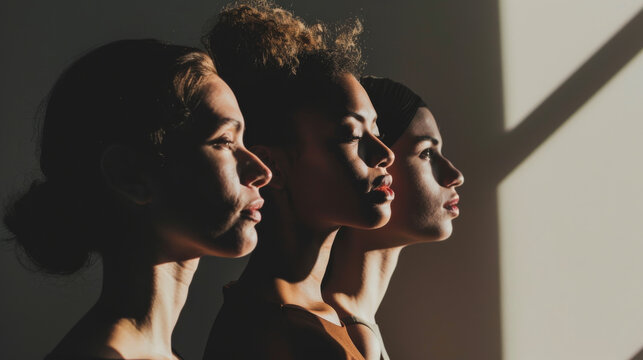 Three women in profile, standing in a row, illuminated by directed light, conveying a sense of unity and harmony.