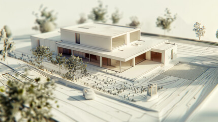 A detailed architectural model of a modern house surrounded by minimalist landscaping, reflecting innovative design and precision craftsmanship.
