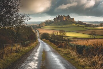 Obraz premium A road with a castle in the background. Road to somewhere concept