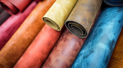 Colorful rolled leather hides neatly arranged, showcasing a spectrum of vibrant and muted tones perfect for diverse crafting projects.