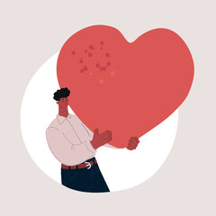 Cartoon vector illustration of man holding red heart
