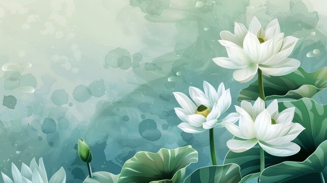 A stunning digital illustration featuring serene white lotus flowers against a soft green background, symbolizing peace and purity. The art exudes tranquility and beauty.