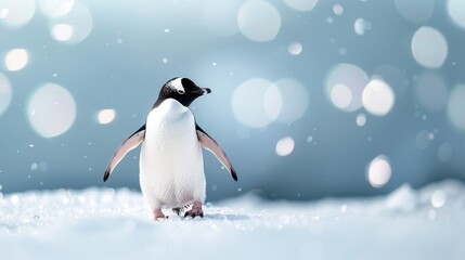 Obraz premium A penguin waddling across a snow covered beach, its black and white plumage contrasting against the white landscape.