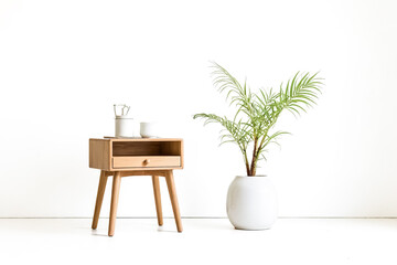 Minimalist wooden bedside table with a potted palm plant in a white pot