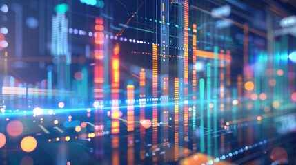 A bustling digital interface featuring neon-lit graphical data charts and glowing, vibrant hues, conveying the dynamic nature of technology and data analysis.