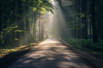 Fototapeta premium A road with trees on either side and a sun shining on it. Road to somewhere concept
