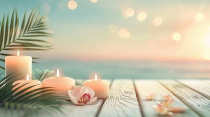 Lit candles and orchids on a serene beach during sunset, creating a tranquil and soothing atmosphere with palm leaves adding a touch of tropical elegance.