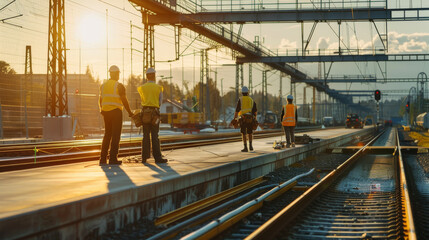 Naklejka premium Railway workers in high-visibility vests work on a platform during sunrise, with railway tracks and equipment around.