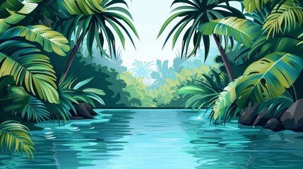A picturesque scene of a tranquil tropical river bordered by lush greenery, palm trees, and dense foliage, showcasing the beauty of untouched natural landscapes.