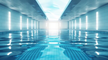 An elegant indoor swimming pool featuring blue lighting and pristine tiles, creating a tranquil and luxurious atmosphere ideal for relaxation and aquatic activities.