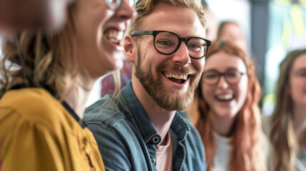 Fototapeta premium Colleagues exchange smiles and laugh during a professional meeting, capturing the essence of positive workplace interactions.