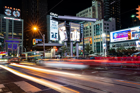 Night view of Yonge-Dundas Square in Toronto Downtown. Toronto, Canada - July 17, 2024.