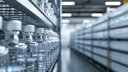Sharp focus on rows of glass vials in a sterile environment, showcasing a well-organized laboratory storage room, indicating precision and cleanliness.