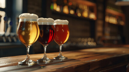 Three beer glasses filled with different varieties of frothy ales are set on a wooden bar counter in a well-lit pub.