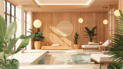 A sophisticated indoor space featuring a luxurious pool, warm wooden decor, large green plants, and comfortable lounge seating, creating a tranquil and relaxing environment.