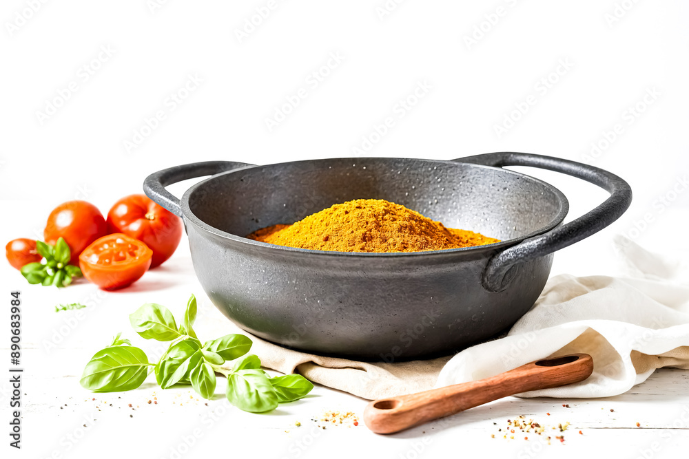 Poster Close-up of a black pot filled with curry powder on a white table with tomatoes and basil