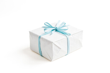 Obraz premium Gift Box with Blue Ribbon on White Background