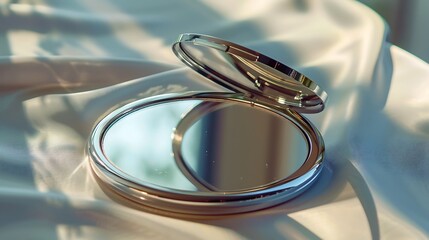 Open Compact Mirror on White Satin Fabric