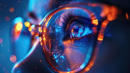 Close-Up of Eye with Glasses in Neon Lights