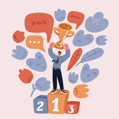 Cartoon vector illustration of Businessman hand holding Gold Trophy Cup. Winner trophy award. First place. Gold Trophy Cup.He was awarded the rank. Winner concept.