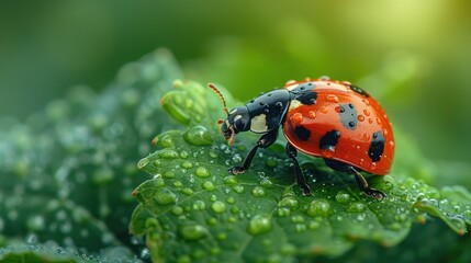 Fototapeta premium Ladybug on a Dew-Covered Leaf