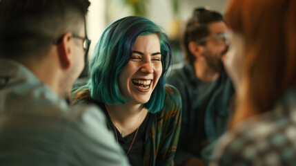 Obraz premium Friends at a cafe share a lively laugh, with a woman sporting colorful hair standing out in a warm and inviting atmosphere.