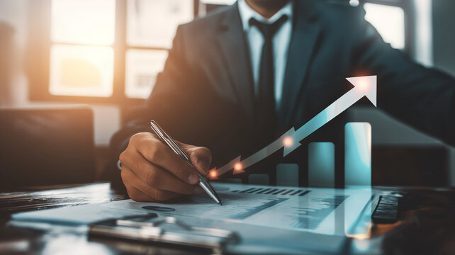 Increasing rental costs of the company, Growth rental costs, upward arrow diagram, Manager examines rising costs, Manager examining increasing revenues, Performance analysis