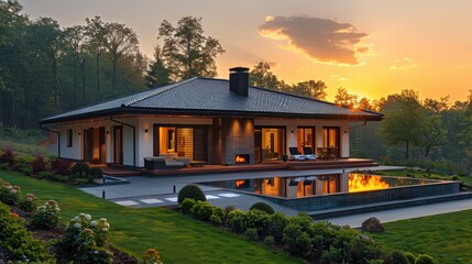Obraz premium Modern House with Pool and Sunset View