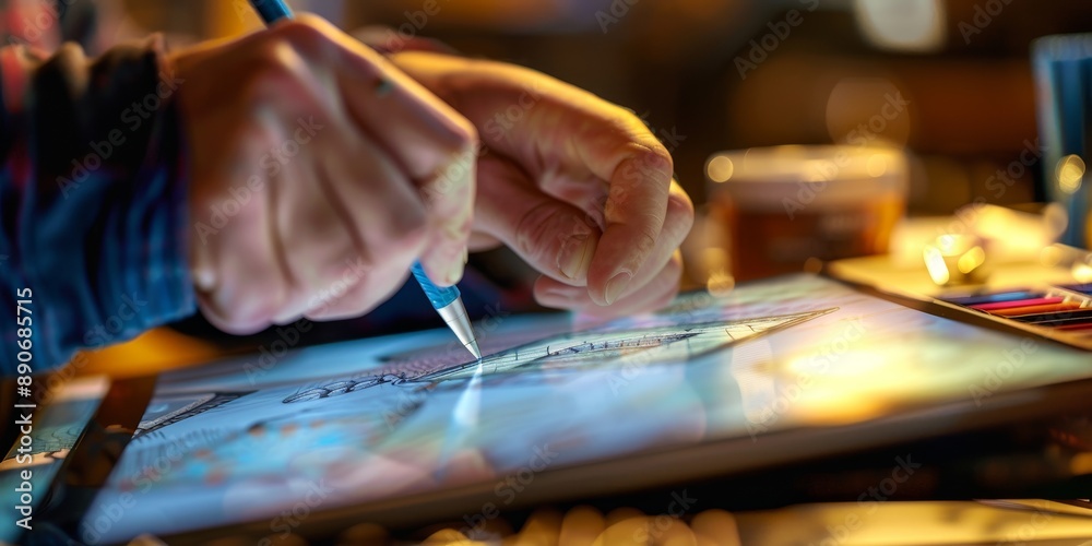 Poster an artist creating digital artwork on a tablet with advanced stylus and drawing software, illustrati