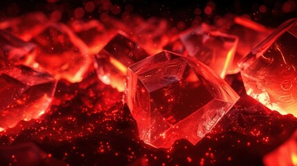 Bioluminescent red shapes shine vividly in the dark, crafting an otherworldly 3D abstract background.