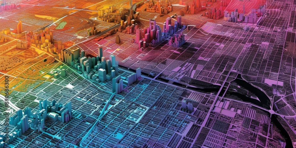 Aufkleber an aerial view of a sprawling city, with sections highlighted in different colors to indicate variou