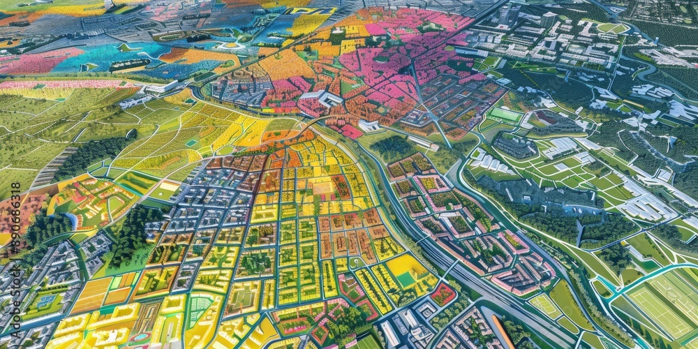 Fototapete an aerial view of a sprawling city, with sections highlighted in different colors to indicate variou