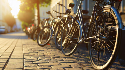 Obraz premium Bicycles line a sun-dappled cobblestone street, their shadows stretching as the golden glow of sunset bathes the serene urban scene.