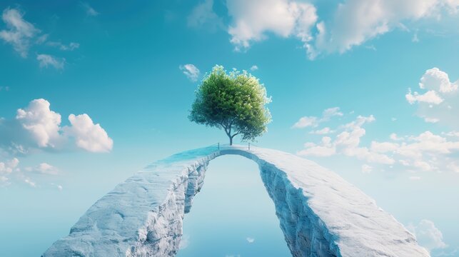 A surreal scene of a team working together to build a bridge across a chasm, representing the collective effort and problem solving skills needed for strategic implementation.