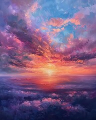 Naklejka premium Pink sunrise, scattered clouds, birdseye view, soft pastels, peaceful morning, gentle light