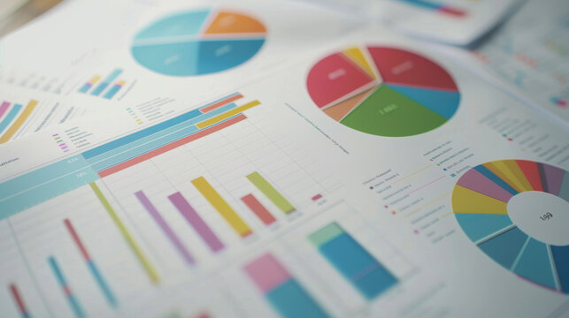 A detailed view of colorful pie charts and bar graphs, representing data analysis and business reporting, set against a clean background.
