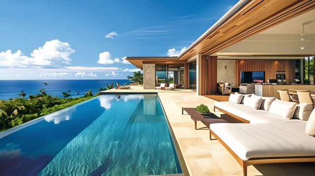 A luxurious indooroutdoor living space featuring a sleek infinity pool that merges seamlessly into the ocean beyond.