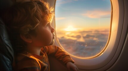 A young child is looking out the window of an airplane