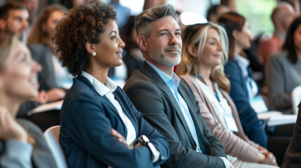 A diverse group of professionals sit attentively in a conference room, their expressions reflective of focus and engagement in the material presented.