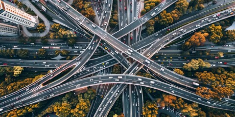 Aerial view of a busy highway interchange with multiple levels, showcasing the intricate design and flow of traffic in a bustling cityscape