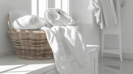 A laundry basket filled with white, crisp folded clothes lies on a sunlit surface, epitomizing cleanliness and domestic tranquility.