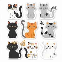 Naklejka premium Adorable Cartoon Cats Sticker Sheet: Cute Cat Designs on White Background