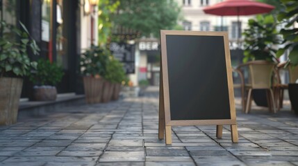 Concept empty black board display in front restaurant background wallpaper AI generated image
