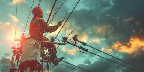 Electrician Working on Power Lines at Sunset
