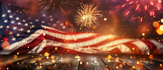An American flag adorned with festive fireworks and golden bokeh lights creates a spirited celebration full of patriotic pride and joy.