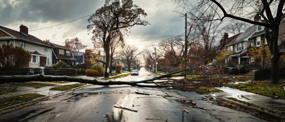 Obraz premium A serene suburban street disrupted by a fallen tree that blocks the road, casting a somber atmosphere under a cloudy sky.
