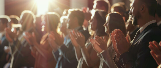 A captivated audience claps enthusiastically as sunlight filters through, emphasizing collective joy and shared human experience.