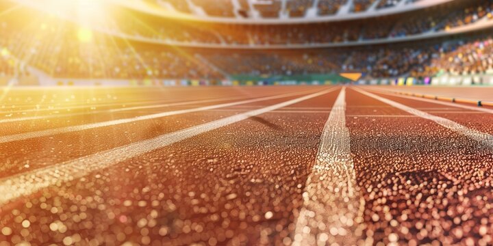 Track and Field Stadium with Full Stands of Spectators During Event, Close-Up on Running Lines in Bright Sunlight, Blurred Background Emphasizing Foreground Elements