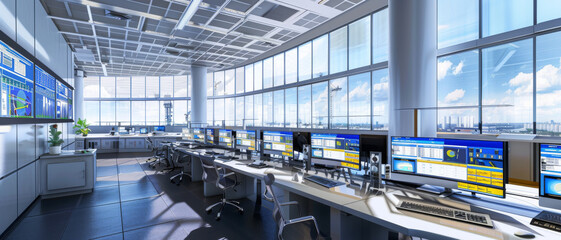 Fototapeta premium A spacious, futuristic control room with floor-to-ceiling windows and numerous computer screens showcasing aviation data, highlighting advanced surveillance operations.